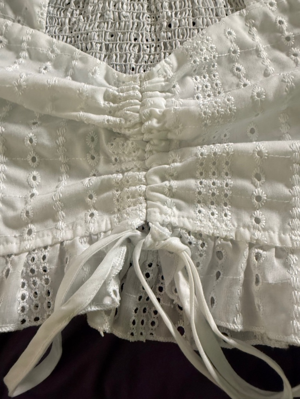Smocked Eyelet Puff Sleeve Crop Top - White - Picture 3 of 5